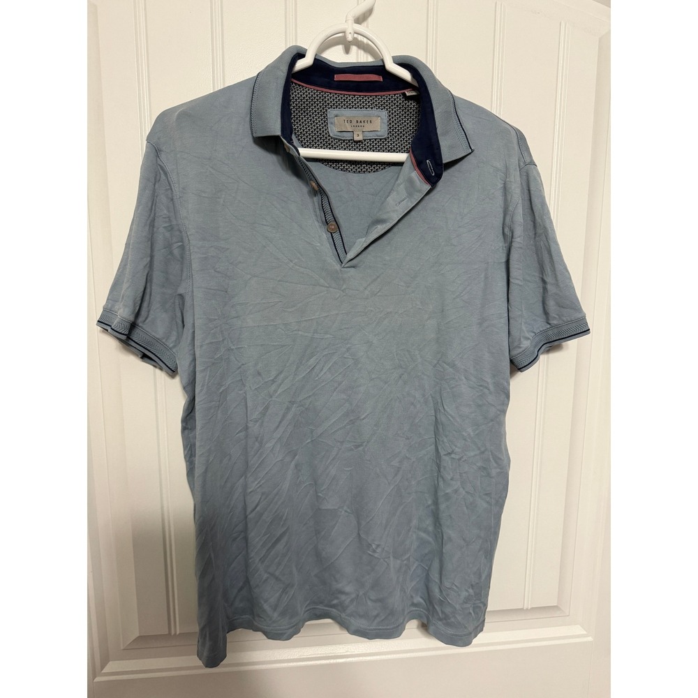 Ted Baker Polo Shirt Mens 3 Light Blue Short Sleeve Contrast Collar EUC